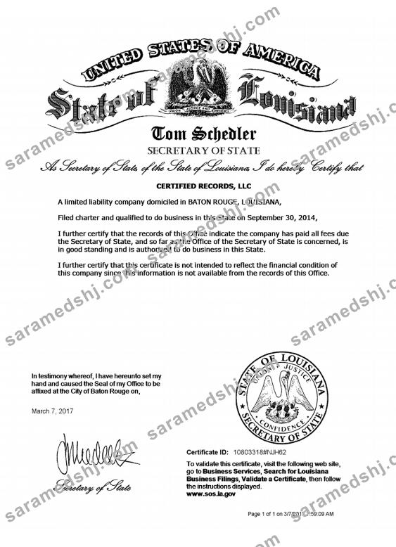 USA Louisiana certificate of good standing